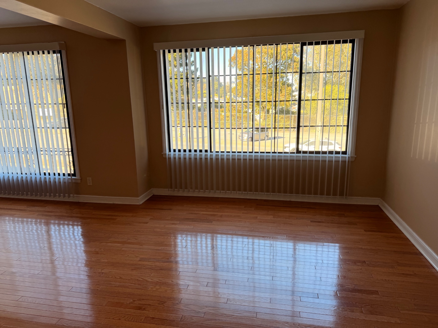 Living room with wide windows and polished hardwood floors